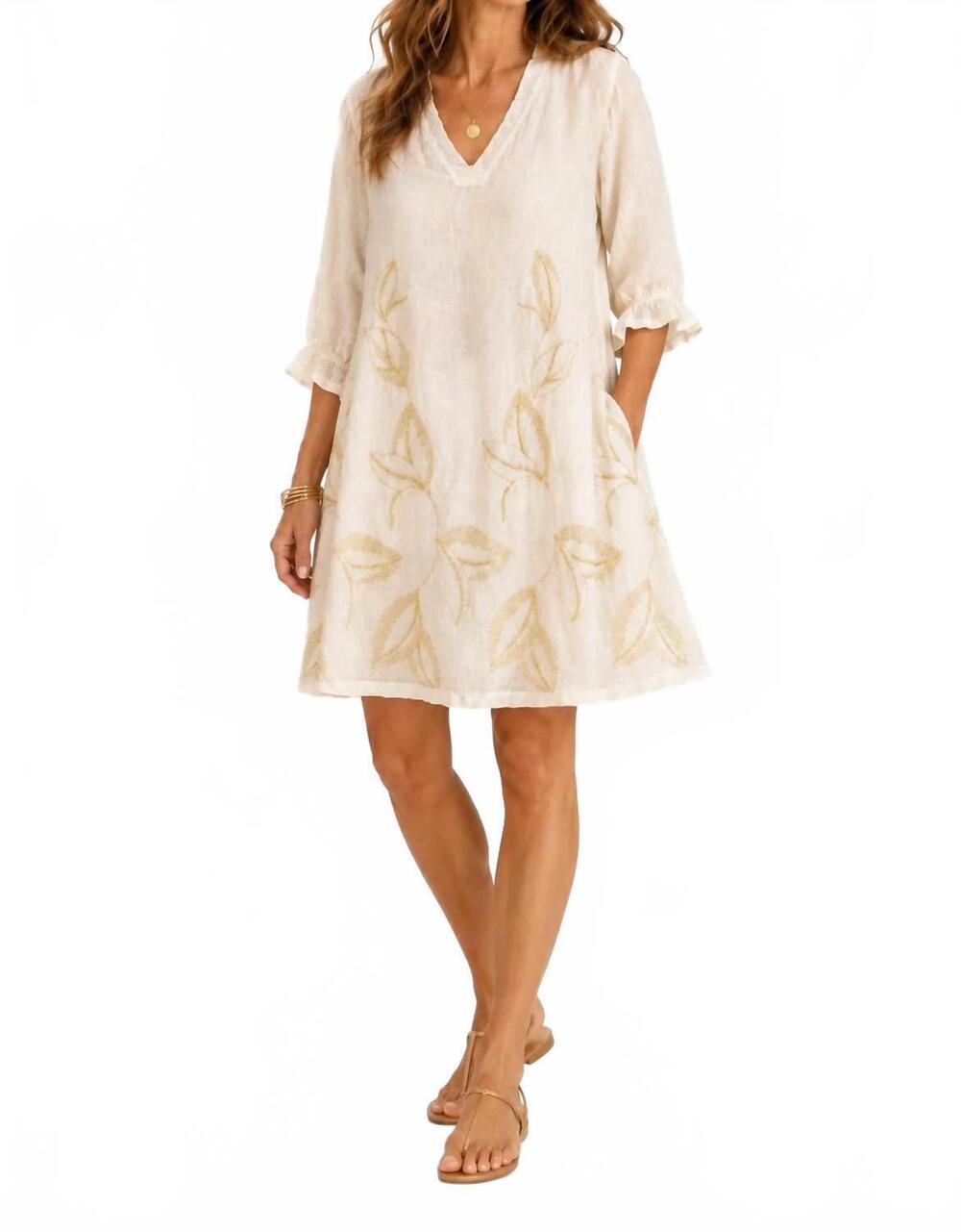 NEW HARIS COTTON embroidered linen dress in ecru/gold